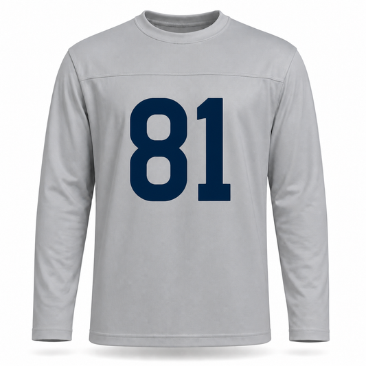 New York Yankees AAFC Football Jersey. Gray long sleeve, no sleeve striping. Navy #81 large on the chest.