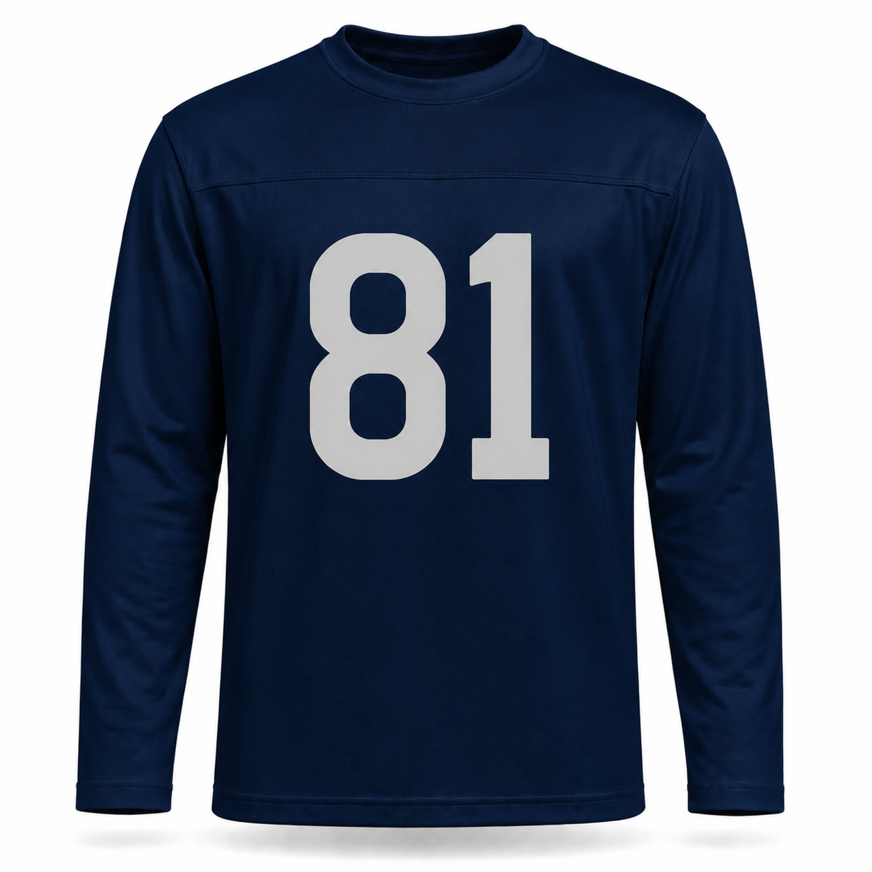 New York Yankees AAFC Football Jersey. Navy long sleeve, no sleeve striping. Silver-gray #81 large on the chest.
