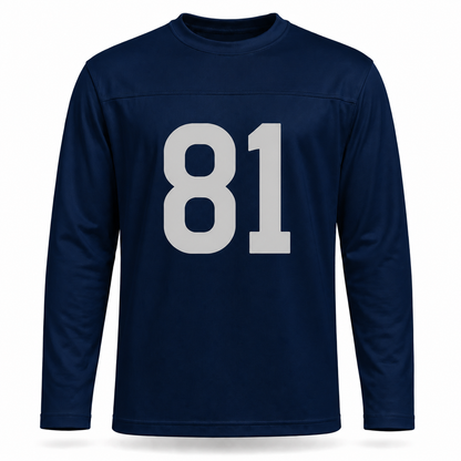 New York Yankees AAFC Football Jersey. Navy long sleeve, no sleeve striping. Silver-gray #81 large on the chest.