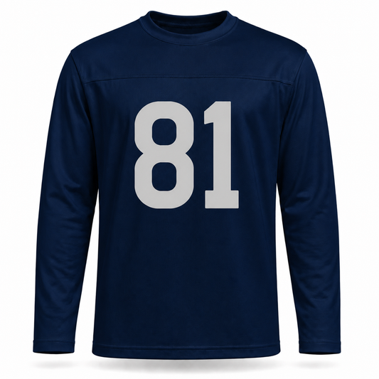 New York Yankees AAFC Football Jersey. Navy long sleeve, no sleeve striping. Silver-gray #81 large on the chest.