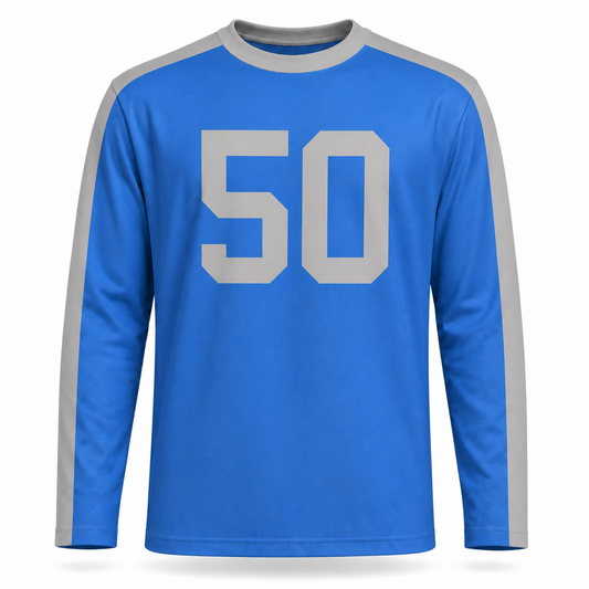 New York Yanks Football Jersey. Blue long sleeve. Gray stripe over each shoulder running the length of the sleeve. Gray #50 large on the chest. Royal Retros.