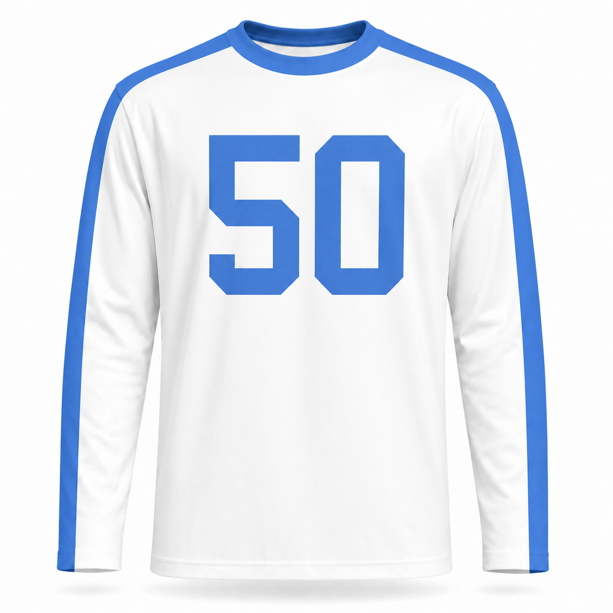 New York Yanks Football Jersey. White long sleeve. Blue stripe over each shoulder running the length of the sleeve. Blue #50 large on the chest. Royal Retros.