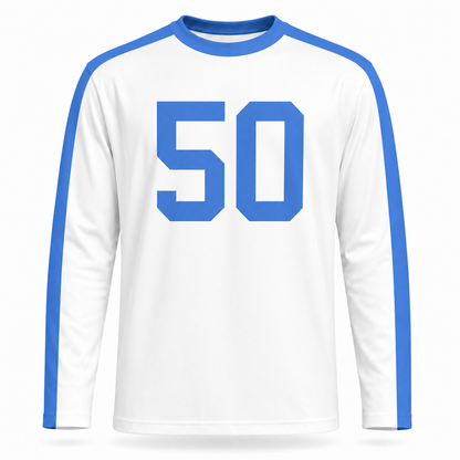 New York Yanks Football Jersey. White long sleeve. Blue stripe over each shoulder running the length of the sleeve. Blue #50 large on the chest. Royal Retros.