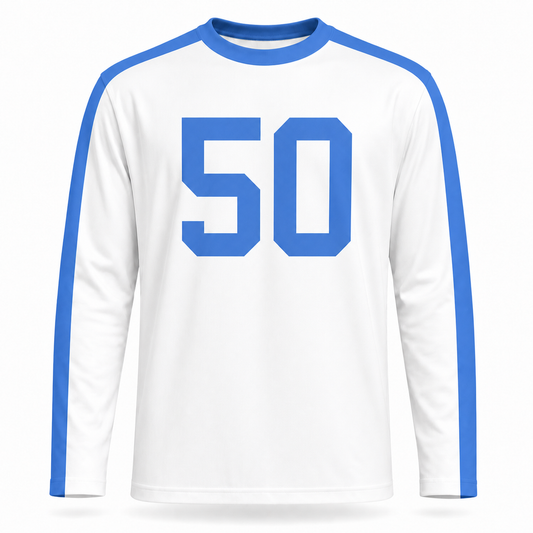 New York Yanks Football Jersey. White long sleeve. Blue stripe over each shoulder running the length of the sleeve. Blue #50 large on the chest. Royal Retros.