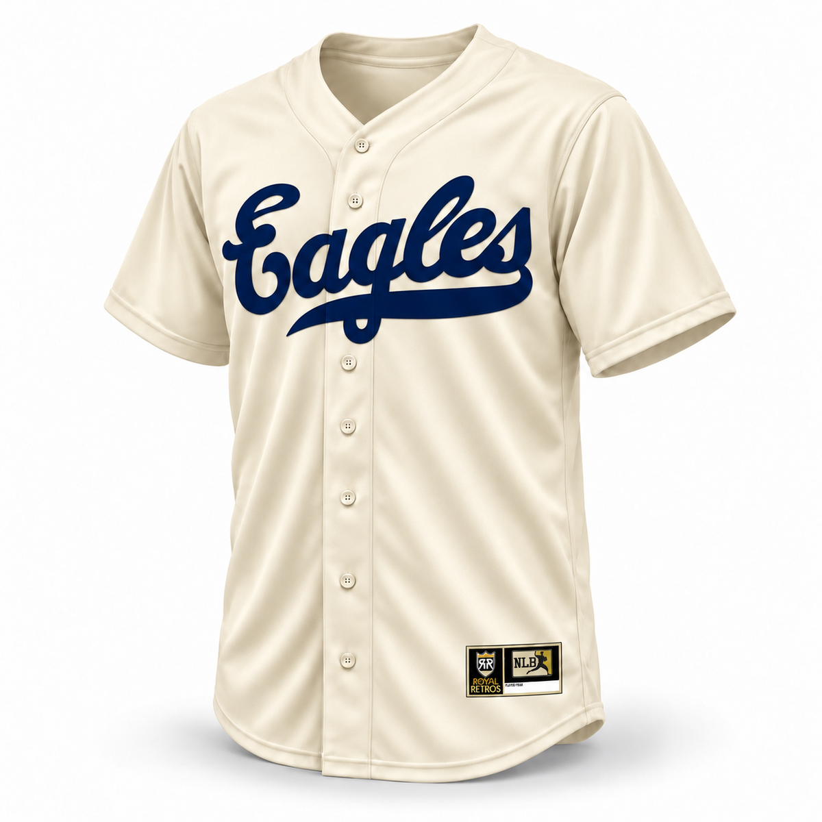 Newark Eagles cream jersey front with navy Eagles script — Royal Retros