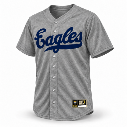 Newark Eagles gray wool jersey front with navy Eagles script — Royal Retros