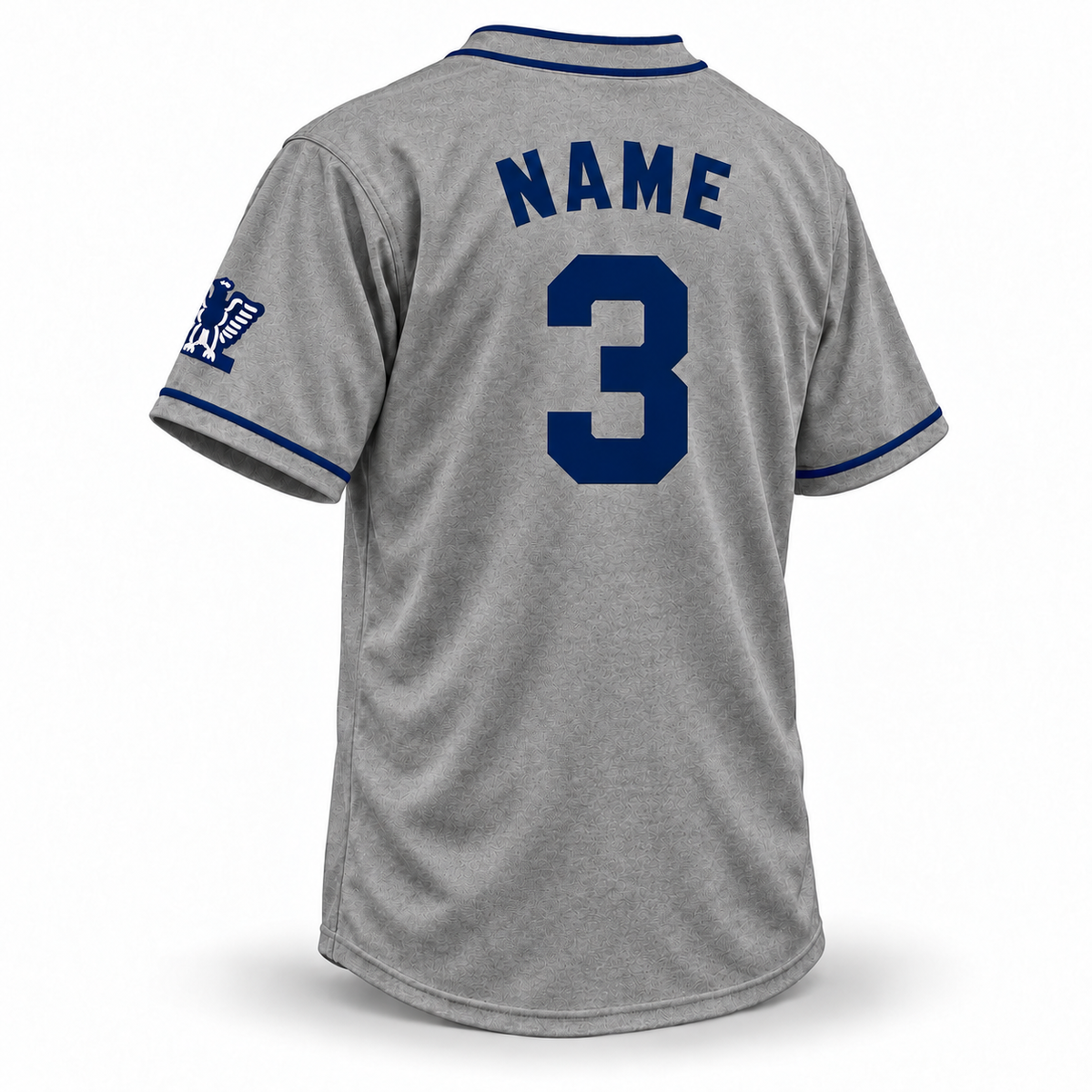 Newark Eagles gray wool Newark jersey back with navy block NAME and number 3 — Royal Retros