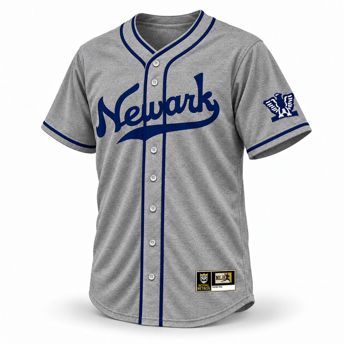 Newark Eagles gray wool jersey front with navy Newark script, navy piping and eagle sleeve patch — Royal Retros