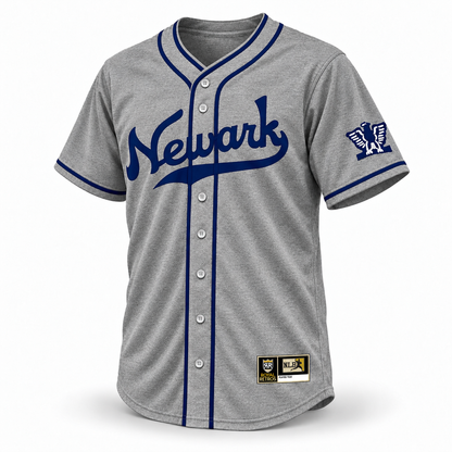Newark Eagles gray wool jersey front with navy Newark script, navy piping and eagle sleeve patch — Royal Retros