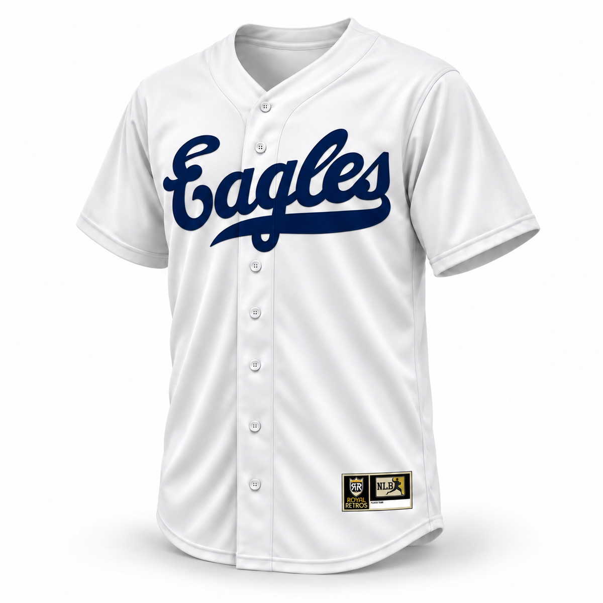 Newark Eagles white jersey front with navy Eagles script — Royal Retros