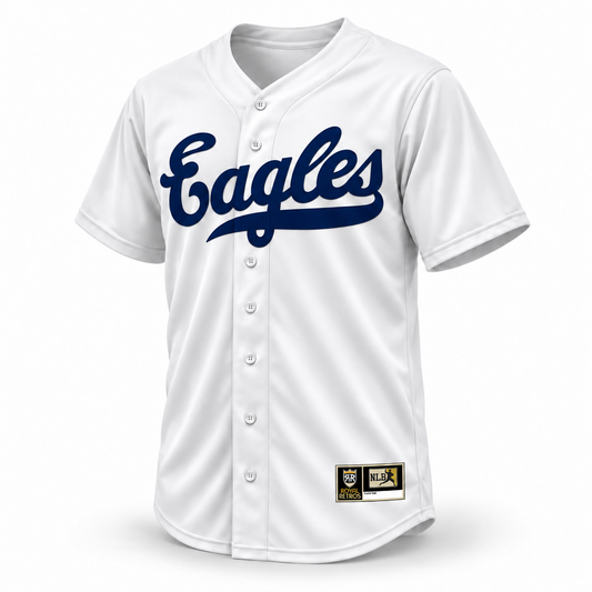 Newark Eagles white jersey front with navy Eagles script — Royal Retros