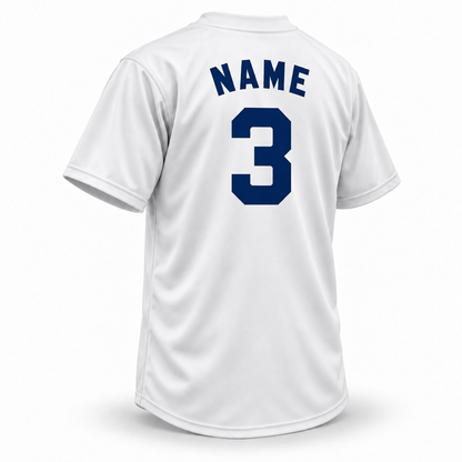 Newark Eagles white jersey back with navy block NAME and number 3 — Royal Retros