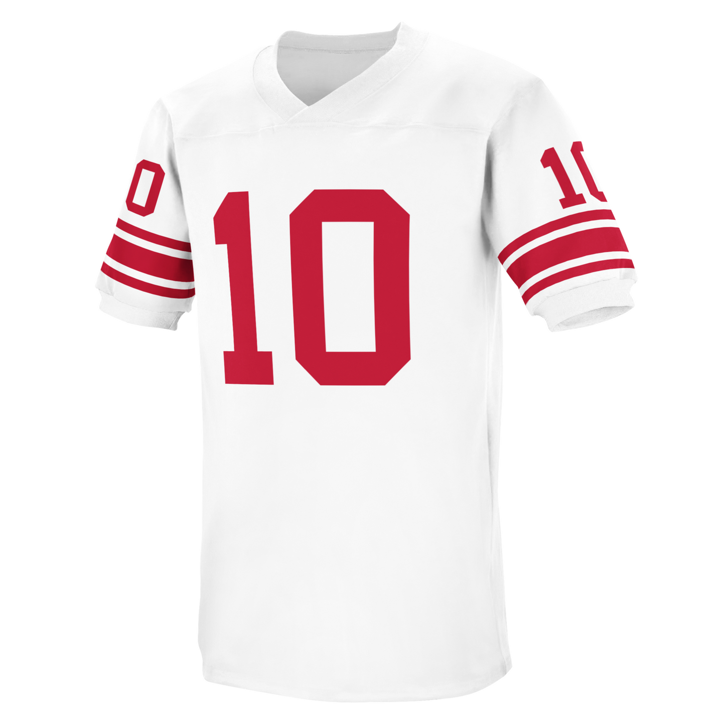 New York Giants vintage jersey. White. 3 red bands on sleeves, middle band slightly larger. #10 in red, large on chest. small on shoulders. Royal Retros