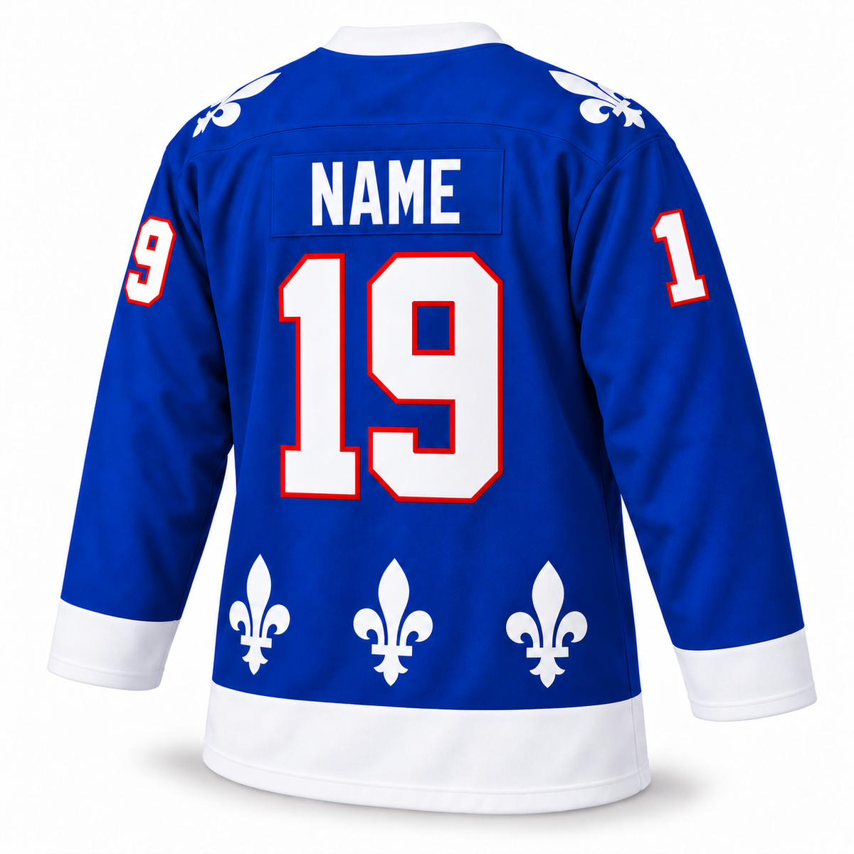 Quebec Nordiques royal blue hockey jersey back with white NAME and number 19 outlined in red — Royal Retros
