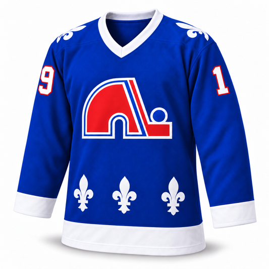 Quebec Nordiques royal blue hockey jersey front with igloo crest and fleur-de-lis — Royal Retros