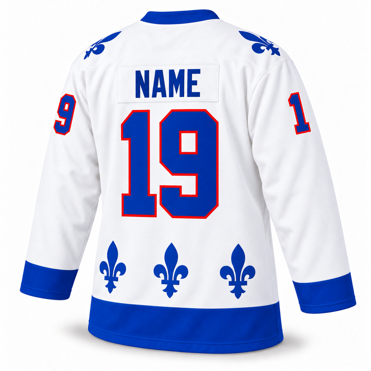 Quebec Nordiques white hockey jersey back with royal blue NAME and number 19 outlined in red — Royal Retros