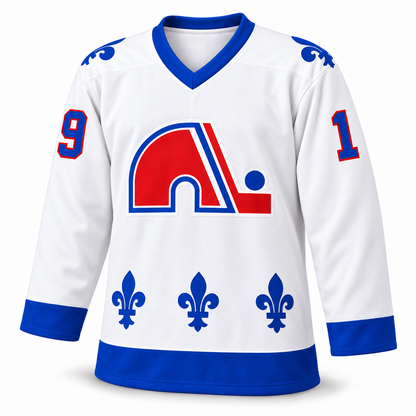 Quebec Nordiques white hockey jersey front with royal blue trim, igloo crest and white interior — Royal Retros