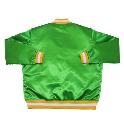 Green satin jacket with yellow and white accents on a white background