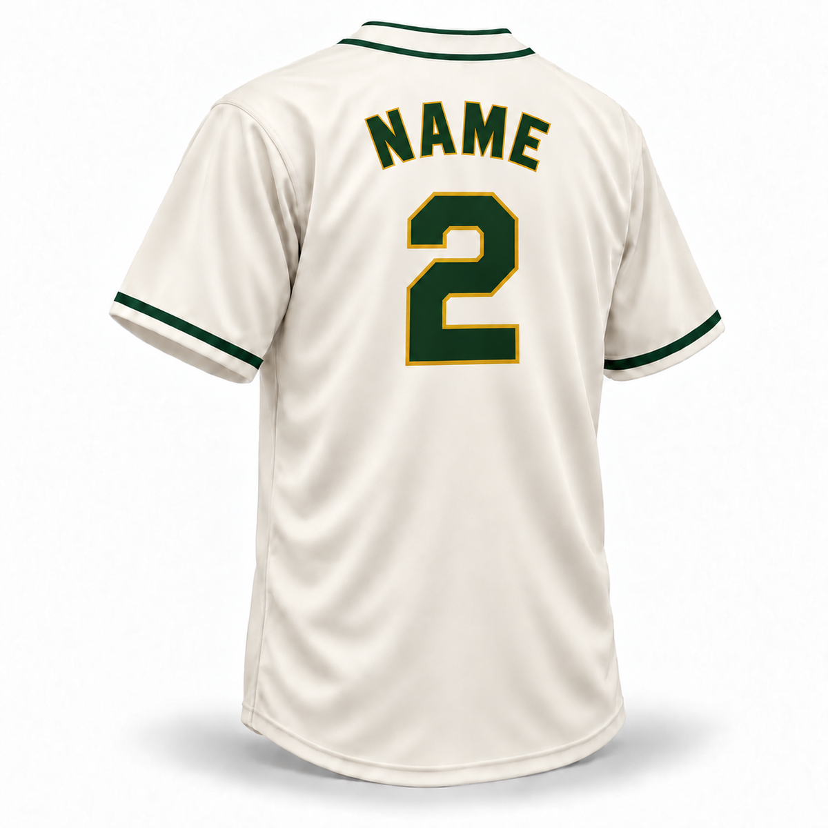 Oakland Larks NLB Jersey cream back, forest green NAME and number 2 with gold outline