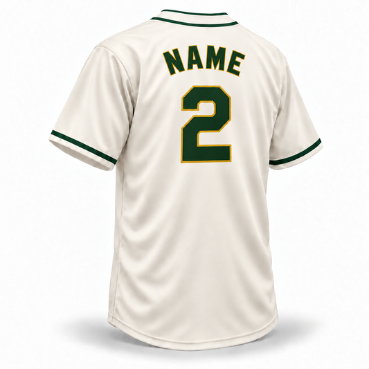 Oakland Larks NLB Jersey cream back, forest green NAME and number 2 with gold outline
