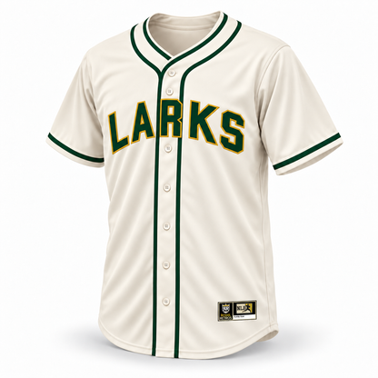 Oakland Larks NLB Jersey cream front, forest green LARKS lettering with gold outline and solid green piping
