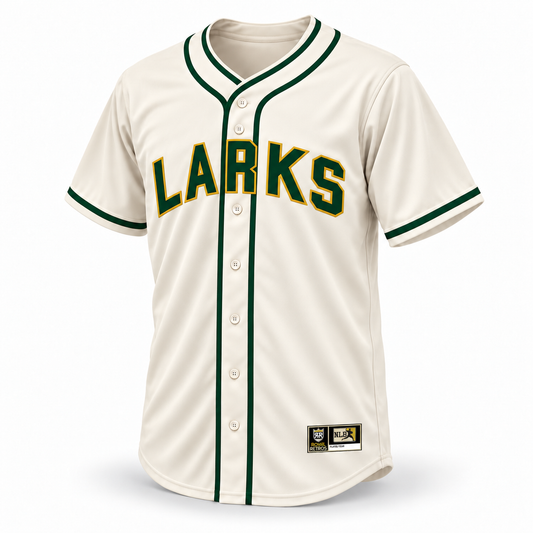 Oakland Larks NLB Jersey cream front, forest green LARKS lettering with gold outline and solid green piping