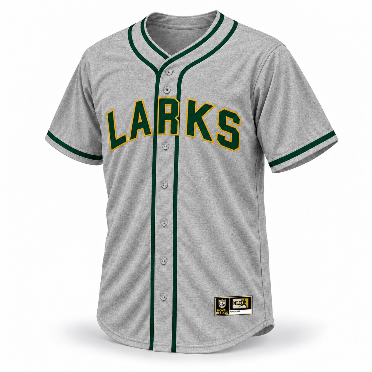 Oakland Larks NLB Jersey gray wool front, forest green LARKS lettering with gold outline and solid green piping