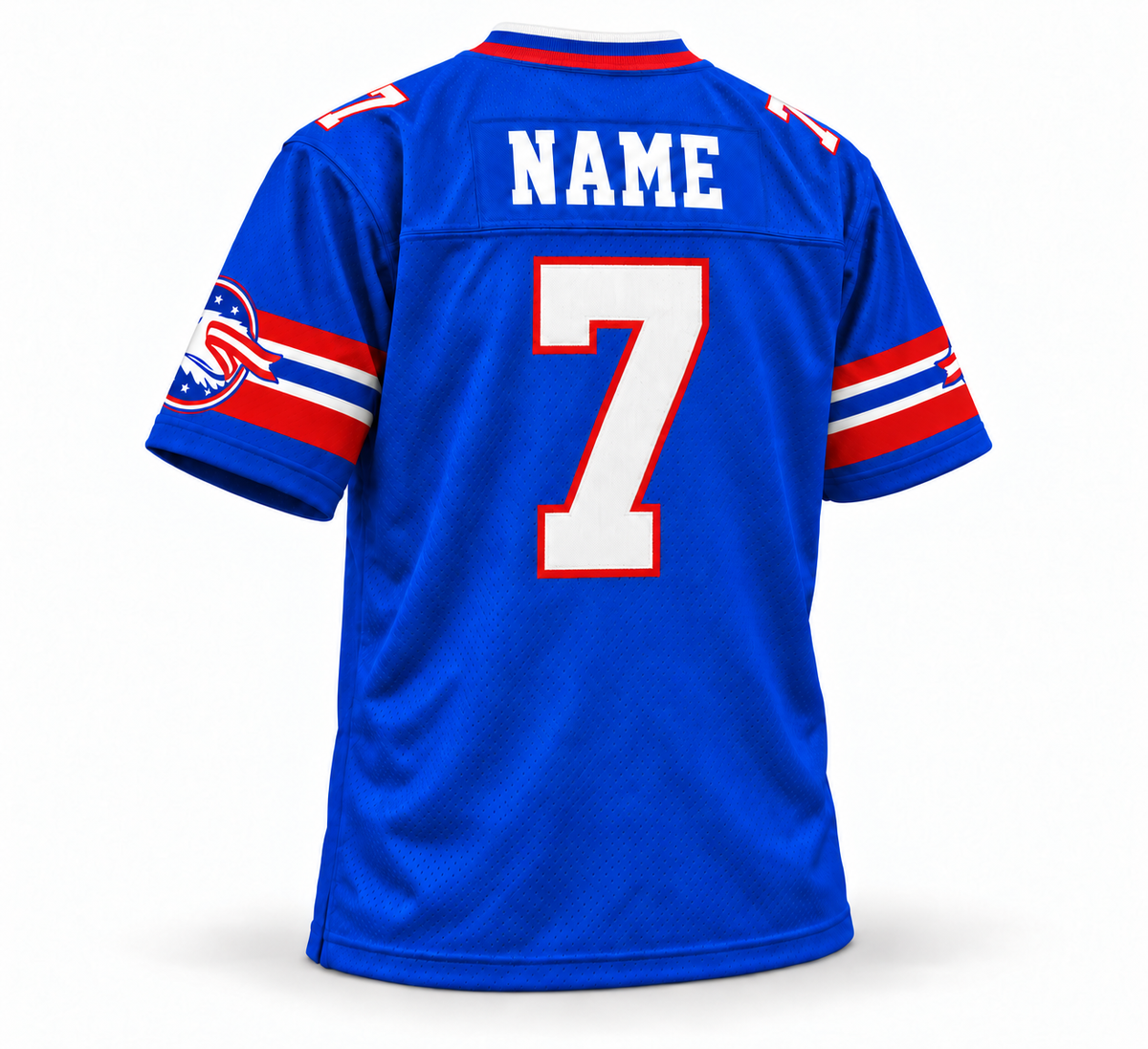 Ohio Glory royal blue WLAF jersey, back, white NAME lettering and number 7 with red outline.