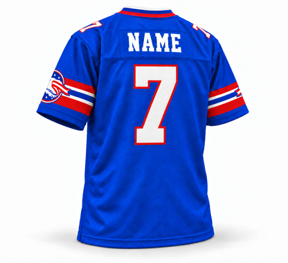 Ohio Glory royal blue WLAF jersey, back, white NAME lettering and number 7 with red outline.