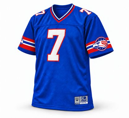 Ohio Glory royal blue WLAF jersey, front, number 7 with white numbers and red outlines, eagle sleeve logos.