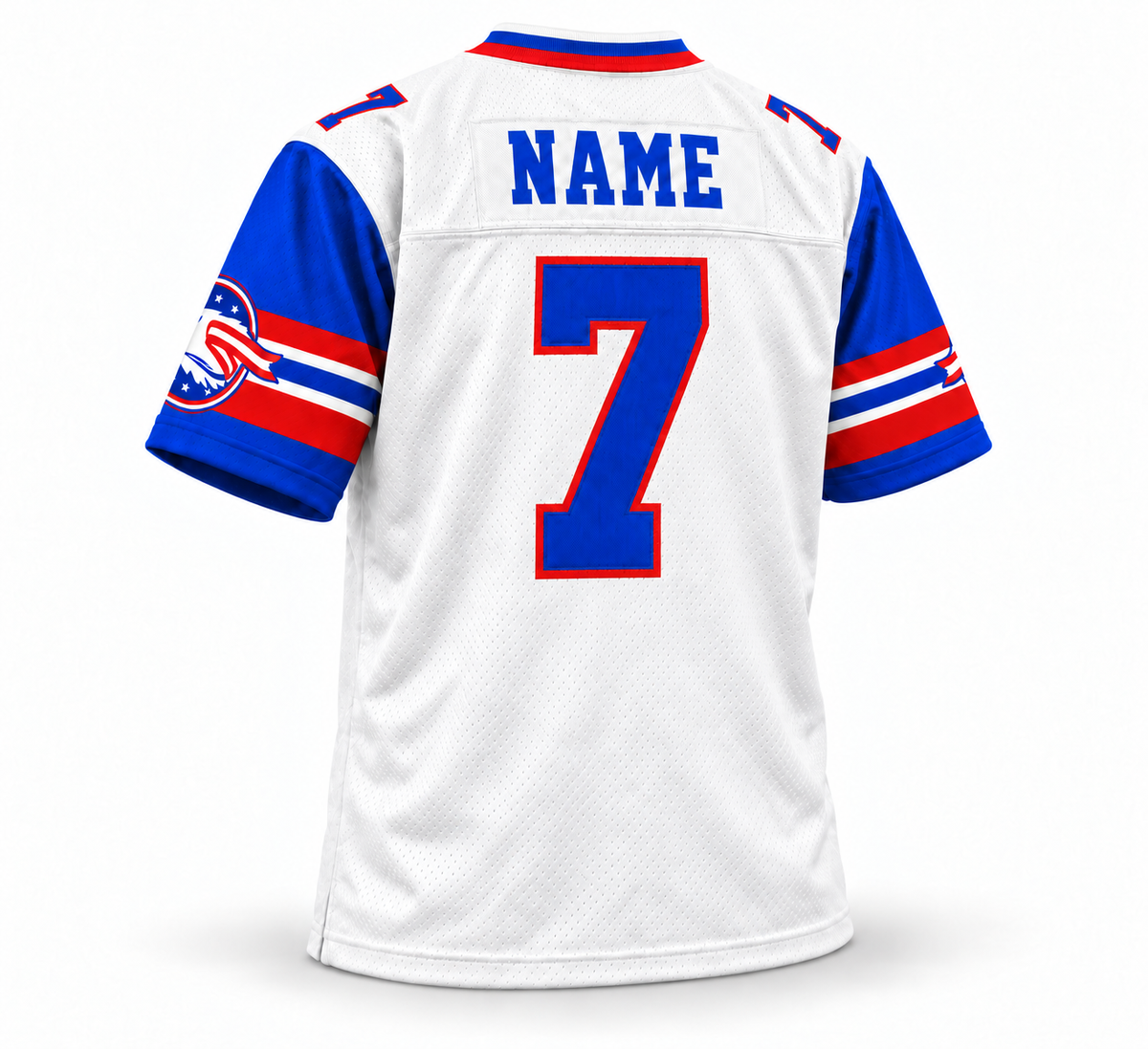 Ohio Glory white WLAF jersey with blue sleeves, back, blue NAME lettering and number 7 with red outline.
