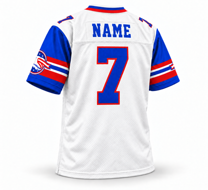 Ohio Glory white WLAF jersey with blue sleeves, back, blue NAME lettering and number 7 with red outline.