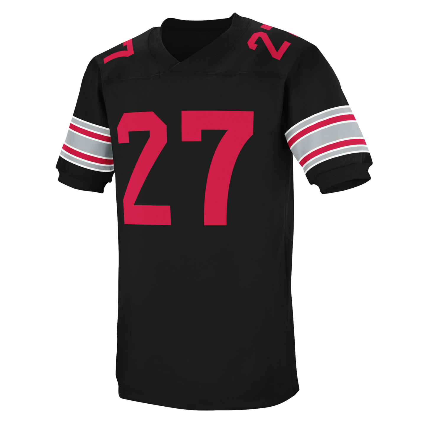 Ohio State black jersey. Alternating white, gray, scarlet bands on sleeves. #27 in scarlet large on chest, small on shoulders. Royal Retros