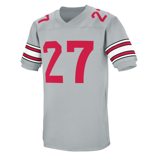 Ohio State gray jersey. Alternating black, white, and scarlet bands on sleeves. #27 in scarlet, large on chest, small on shoulders. Royal Retros