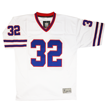 Buffalo Bills 1975 jersey. White. Red, blue, and red collar. Two bands on sleeves. Thin red, blue, thin red, mid-sleeve. #32 in blue with red trim large on chest, small on sleeves. Royal Retros.