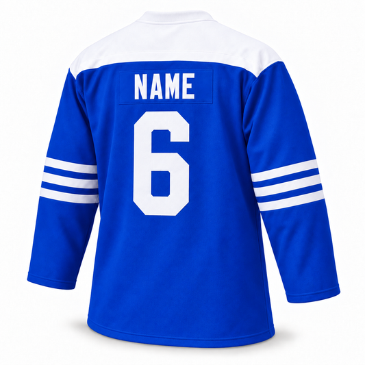 1960 Omaha Knights blue jersey back with white NAME and block number 6