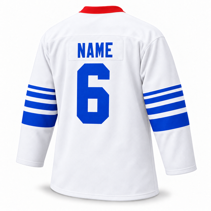 1960 Omaha Knights white jersey back with blue NAME and block number 6