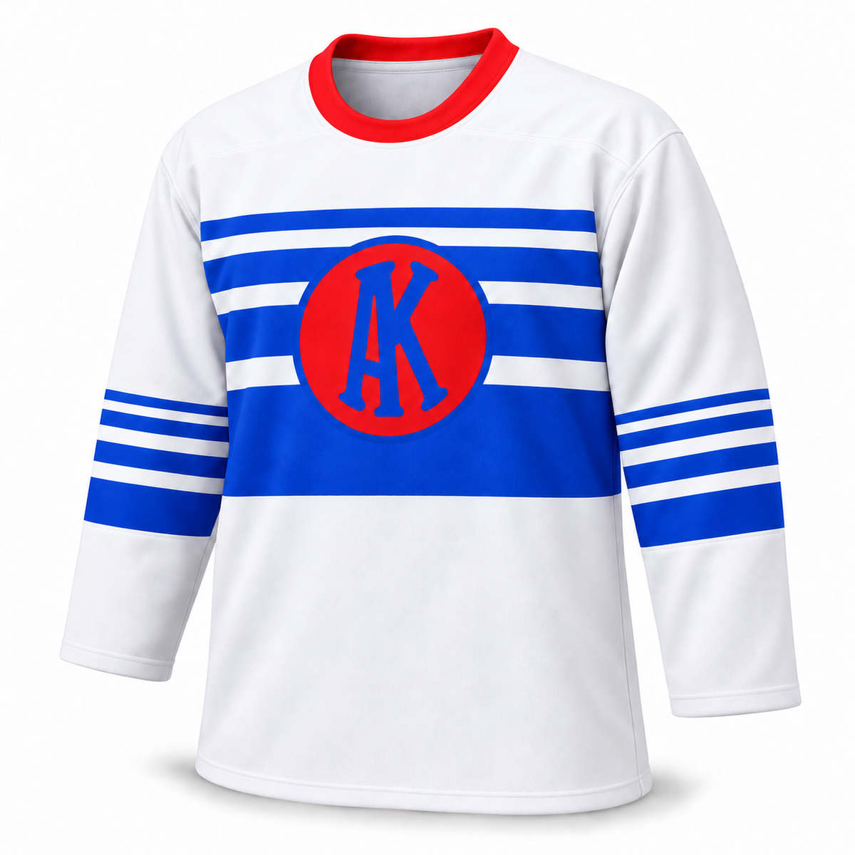 1960 Omaha Knights white jersey front with red round collar and blue chest stripes