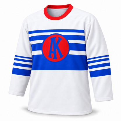 1960 Omaha Knights white jersey front with red round collar and blue chest stripes