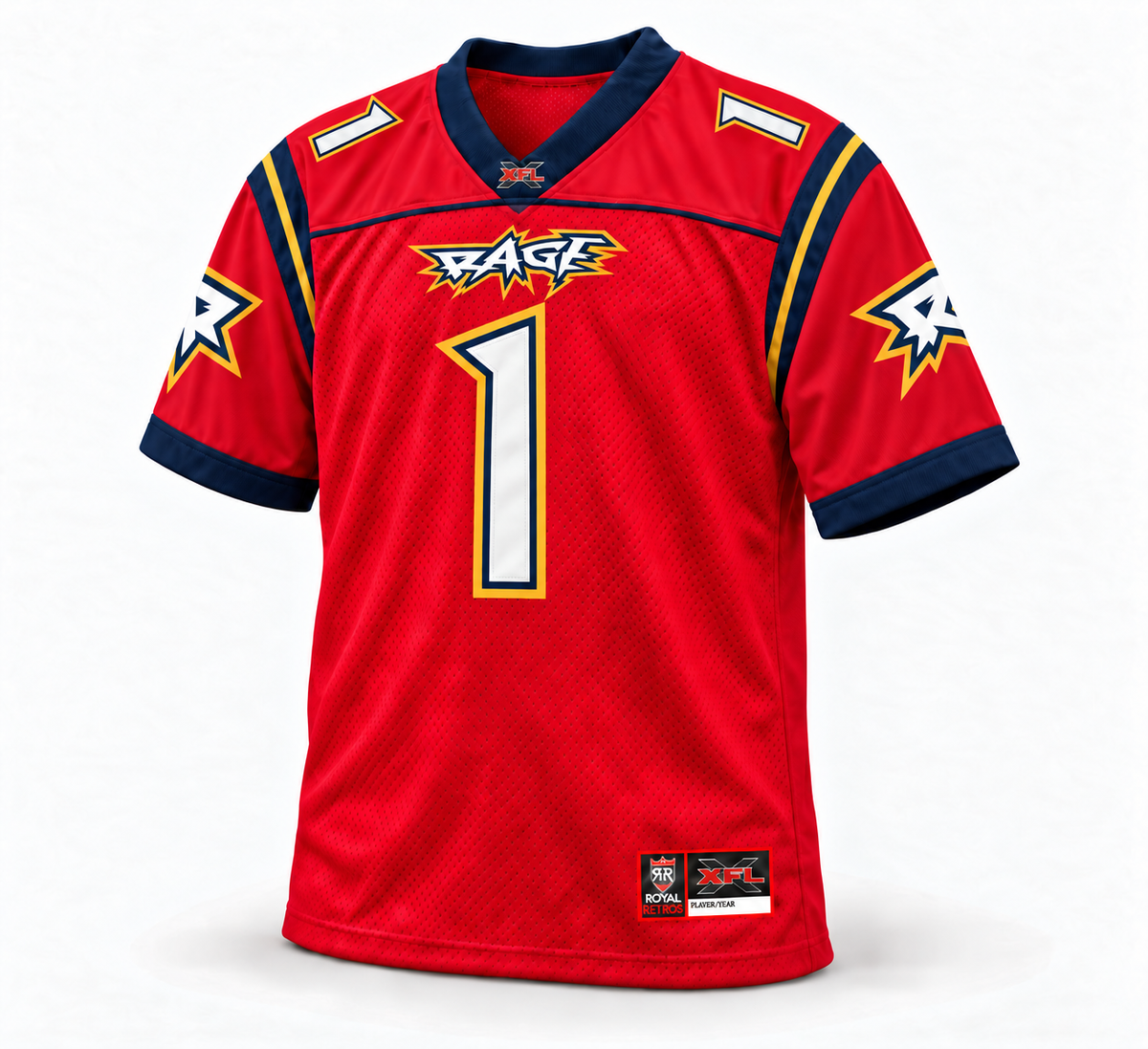 2001 Orlando Rage XFL jersey red front, custom number 1 mockup.