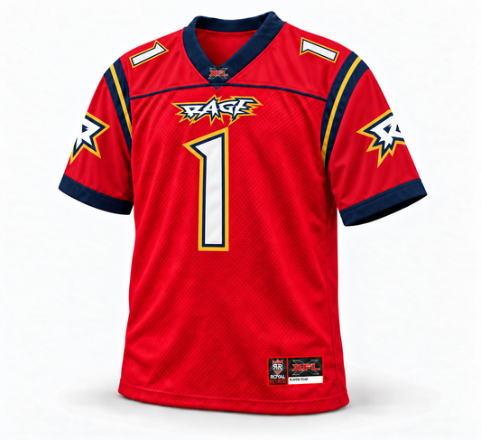 2001 Orlando Rage XFL jersey red front, custom number 1 mockup.