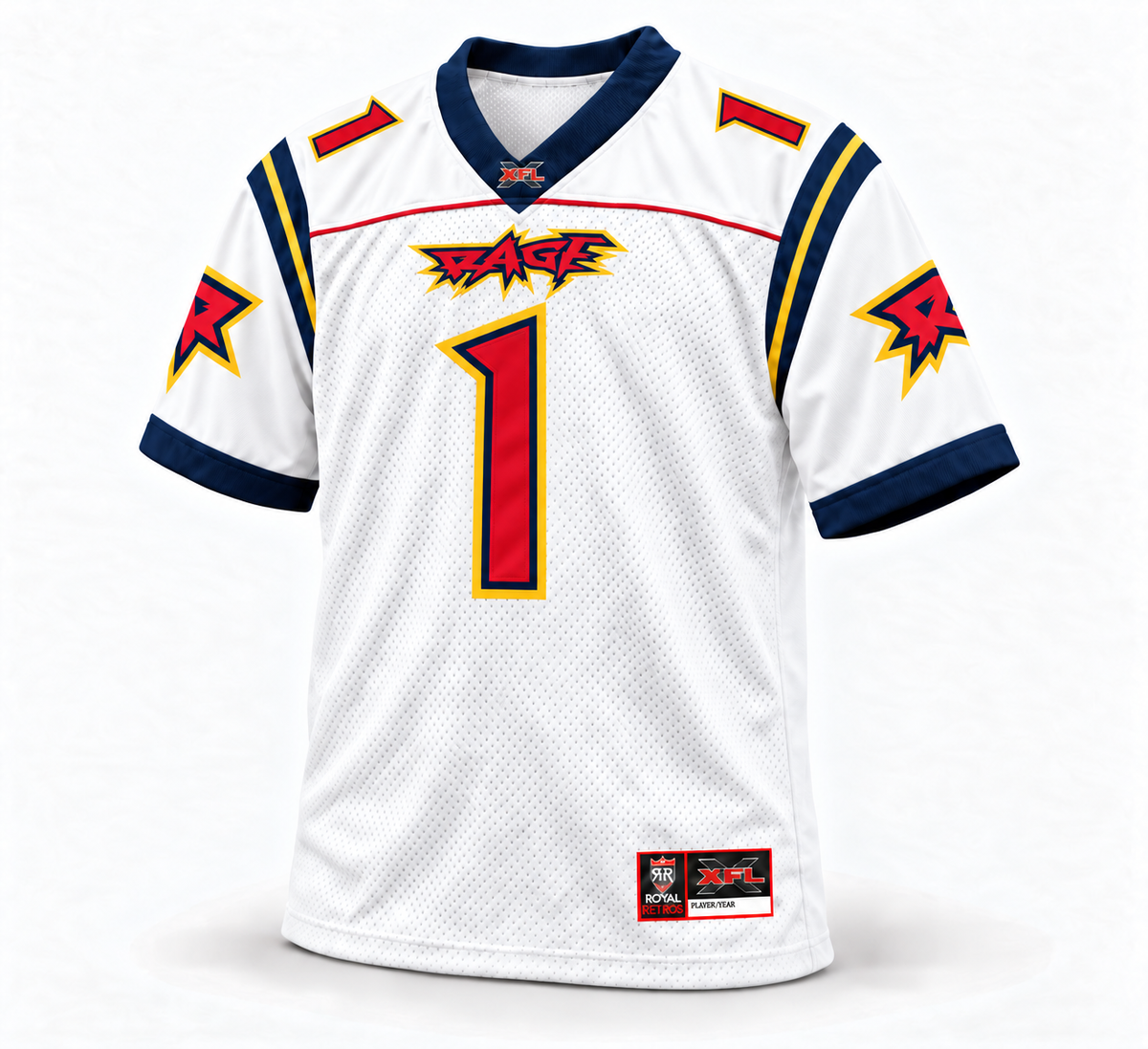 2001 Orlando Rage XFL jersey white front, custom number 1 mockup.