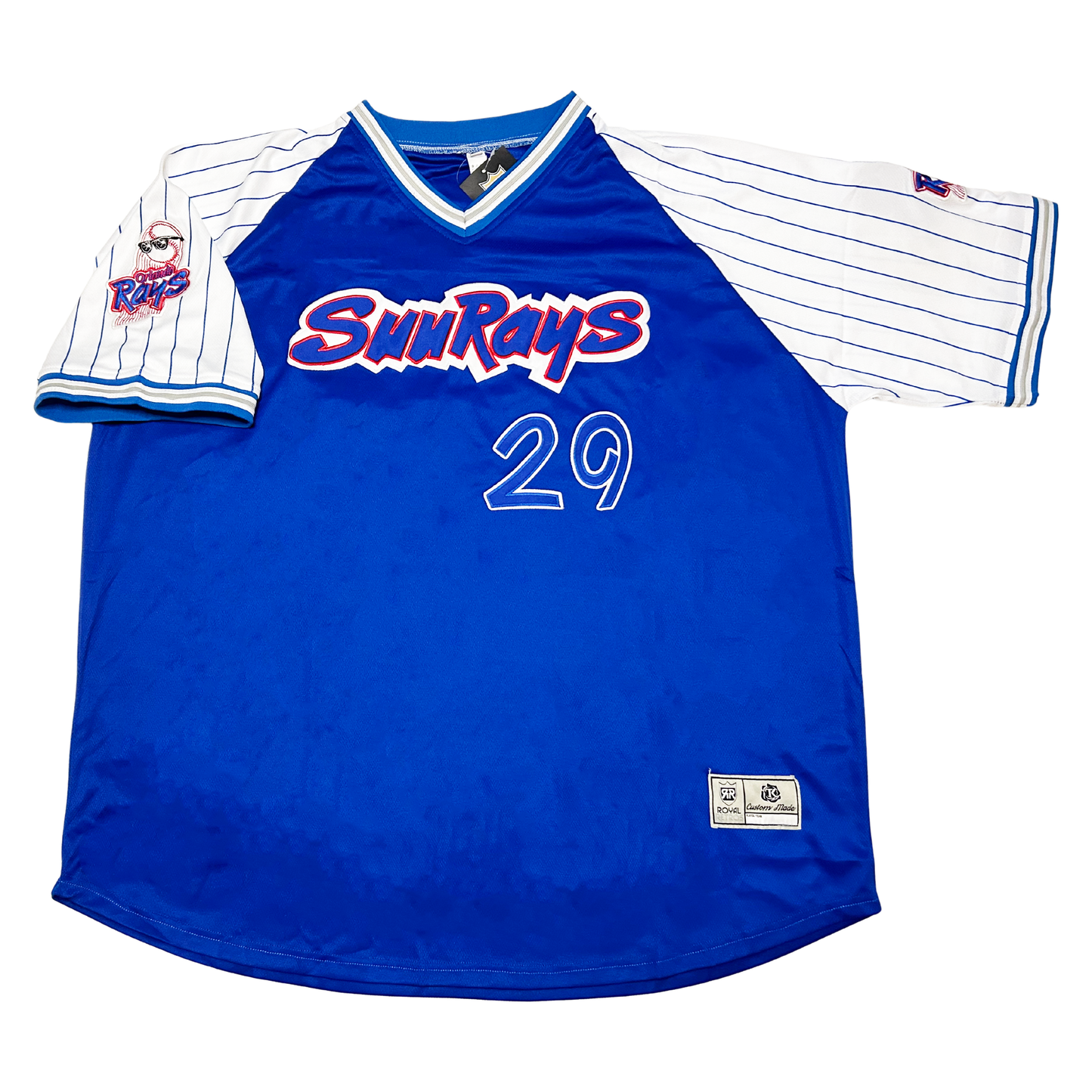 Orlando Sun Rays jersey. Blue. White sleeves with blue pinstripes. Sun Rays stylized in blue with red trim and white shadow. #29 lower right blue with white trim. Royal Retros
