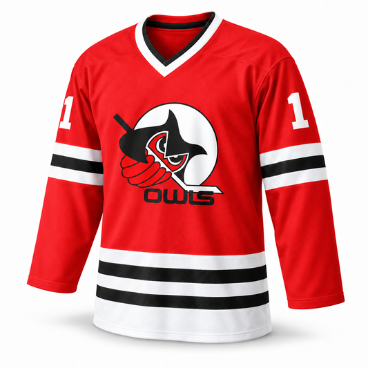 Owls Hockey Jersey — Red — Front — white sleeve numbers, no outline