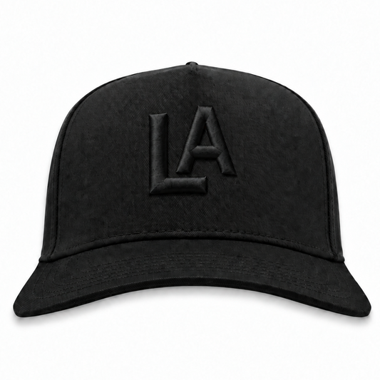 PCL Angels blackout snapback hat with black 3D puff LA embroidery, front view