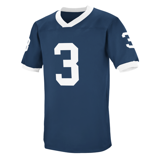 Penn State jersey. Blue with white trim on sleeves and neck. #3 in white large on chest small on sleeves. Royal Retros