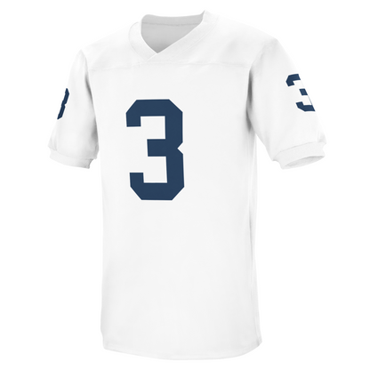 Penn State white jersey. Large blue #3 on chest, smeller on sleeves. Royal Retros. 