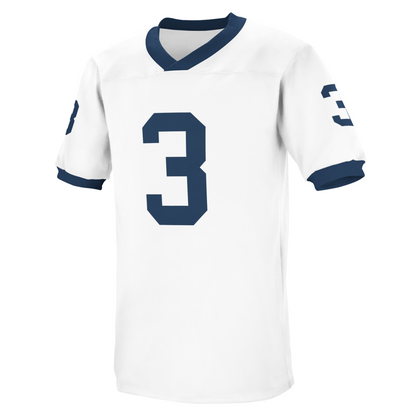 Penn State jersey white. Blue trim on neck and sleeves. #3 in blue large, smaller on sleeves. Royal Retros 