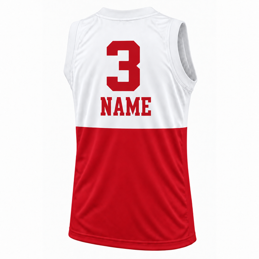 Phila basketball jersey White back mockup, white upper body and red lower body, red number 3 above NAME.