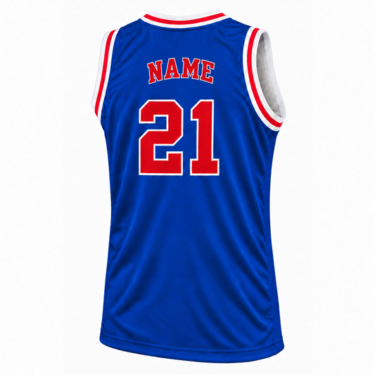 Philadelphia Basketball Jersey Blue back mockup, number 21, NAME in matching outlined block letters.